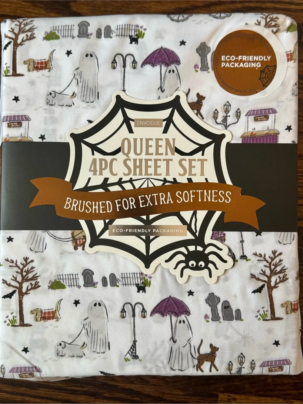 Envogue White Halloween Ghost Print Queen 4pc Sheet Set
